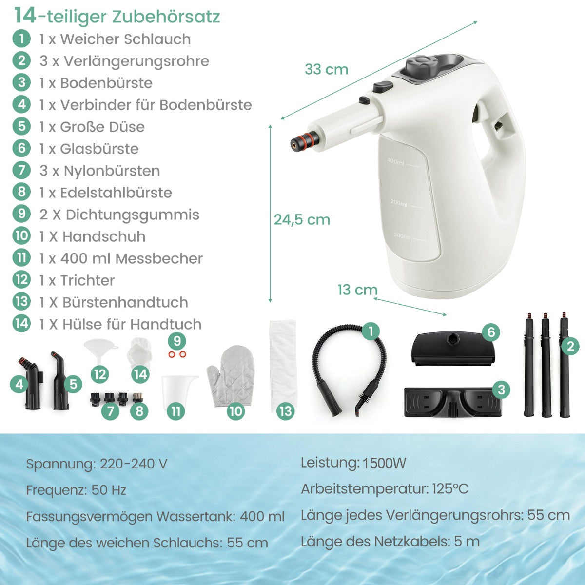 Handheld Pressurized Steam Cleaner, 1400W, 400ml Tank