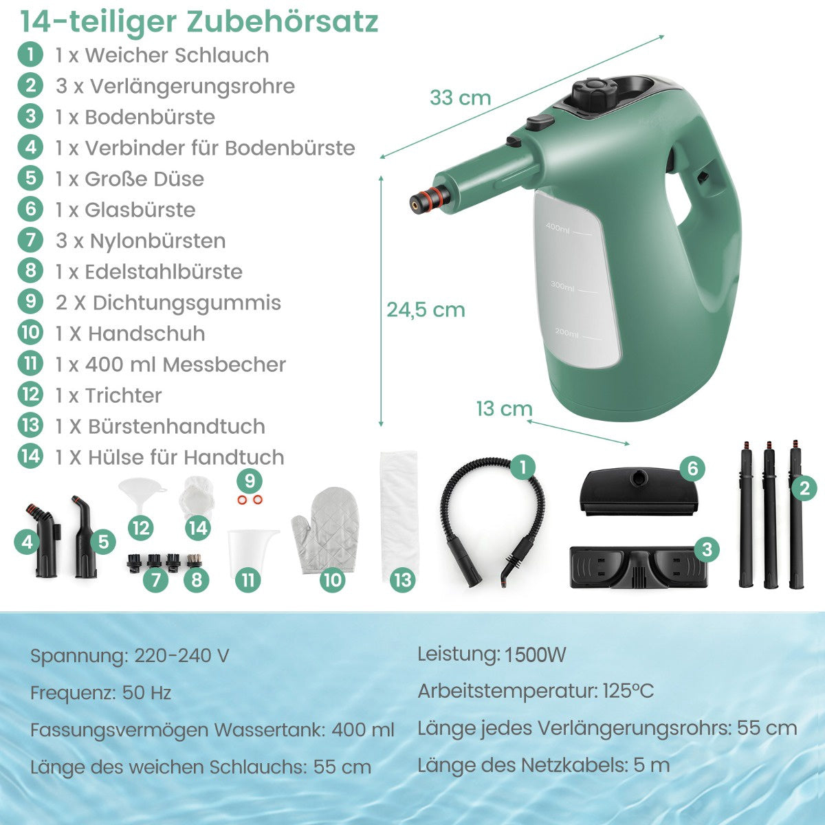 Handheld Steam Cleaner, 1400W, 400ml, 14-Piece Set