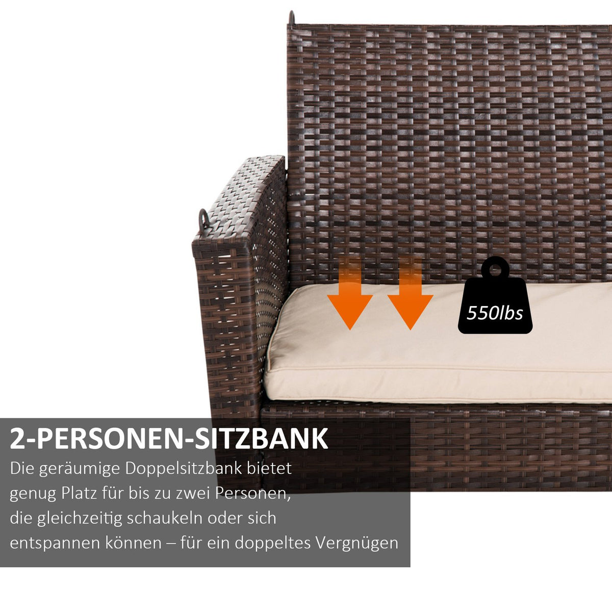 Hanging Bench 2-Seater Rattan Garden Swing With Seat Cushion Hanging Swing Hollywood Swing Garden Bench Brown 127 X 57.5 X 60 Cm