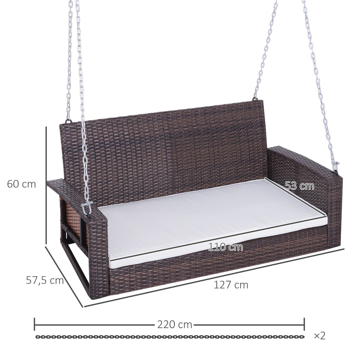 Hanging Bench 2-Seater Rattan Garden Swing With Seat Cushion Hanging Swing Hollywood Swing Garden Bench Brown 127 X 57.5 X 60 Cm