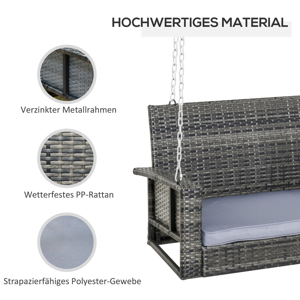 Hanging Bench 2-Seater Rattan Garden Swing With Seat Cushion, Hanging Swing, Hollywood Swing, Grey, 127 X 57.5 X 60 Cm