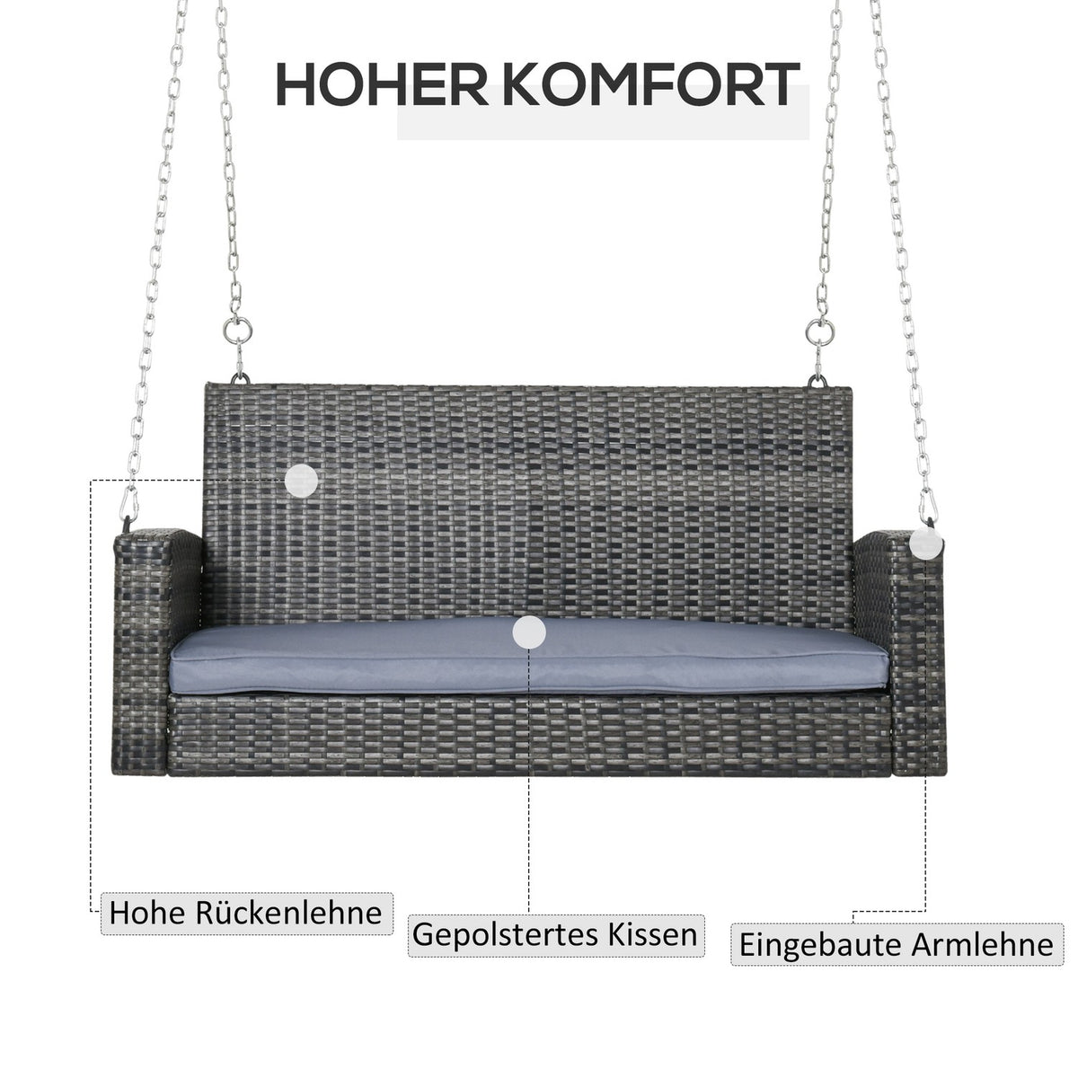 Hanging Bench 2-Seater Rattan Garden Swing With Seat Cushion, Hanging Swing, Hollywood Swing, Grey, 127 X 57.5 X 60 Cm