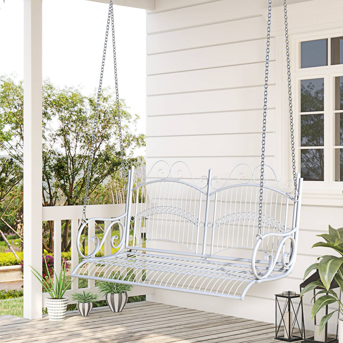 Hanging Bench Elegant Rocking Bench With Chains, Metal, White, 118X58X57Cm