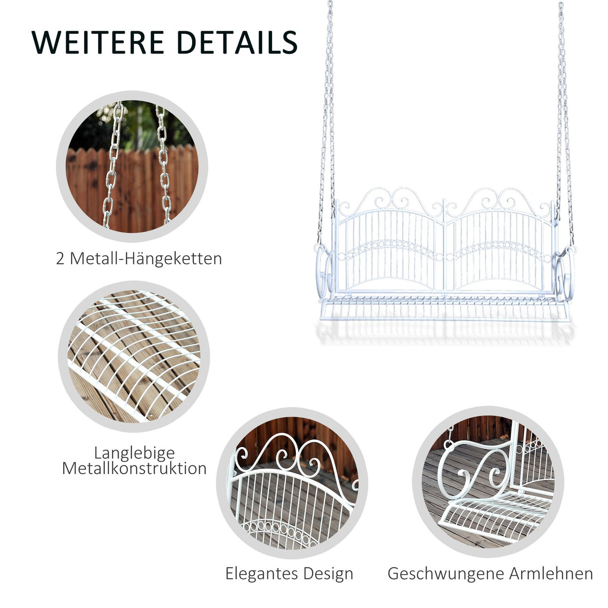 Hanging Bench Elegant Rocking Bench With Chains, Metal, White, 118X58X57Cm