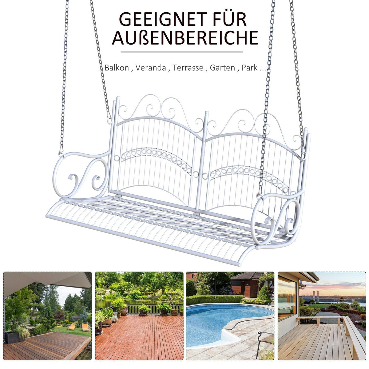 Hanging Bench Elegant Rocking Bench With Chains, Metal, White, 118X58X57Cm
