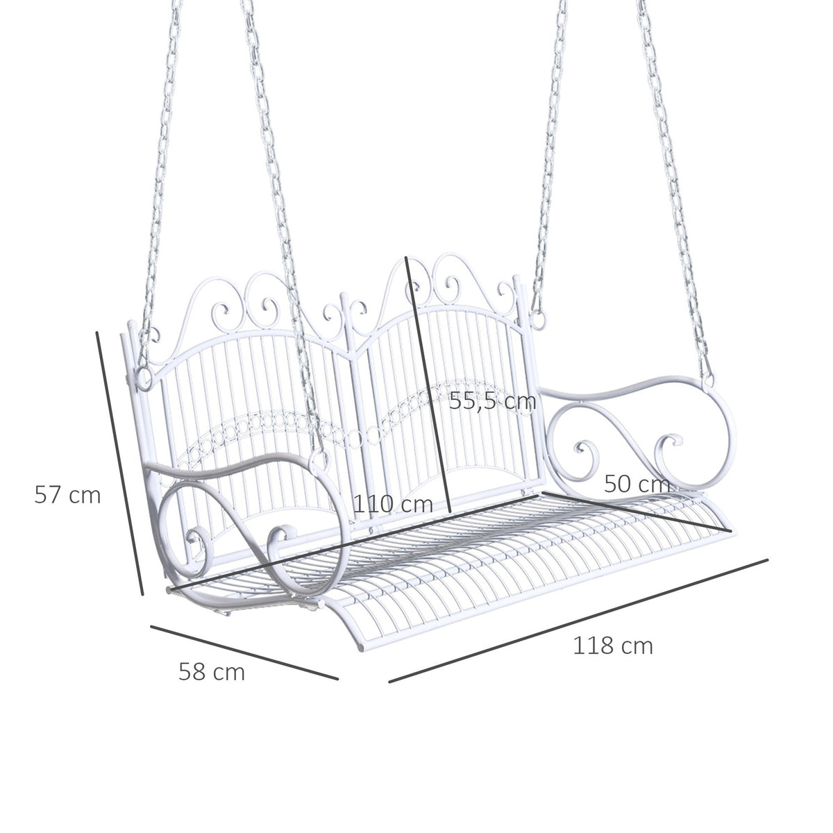 Hanging Bench Elegant Rocking Bench With Chains, Metal, White, 118X58X57Cm