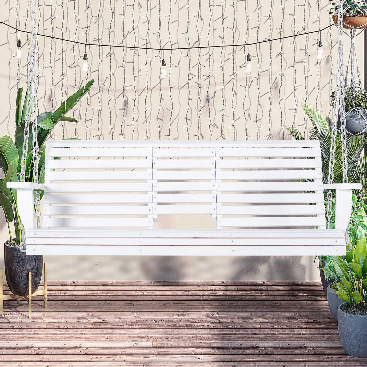 Hanging Bench Garden Swing Swing Bench With Foldable Coffee Table For 2-3 People Fir Wood Patio Comfortable 150 X 75 X 53 Cm White