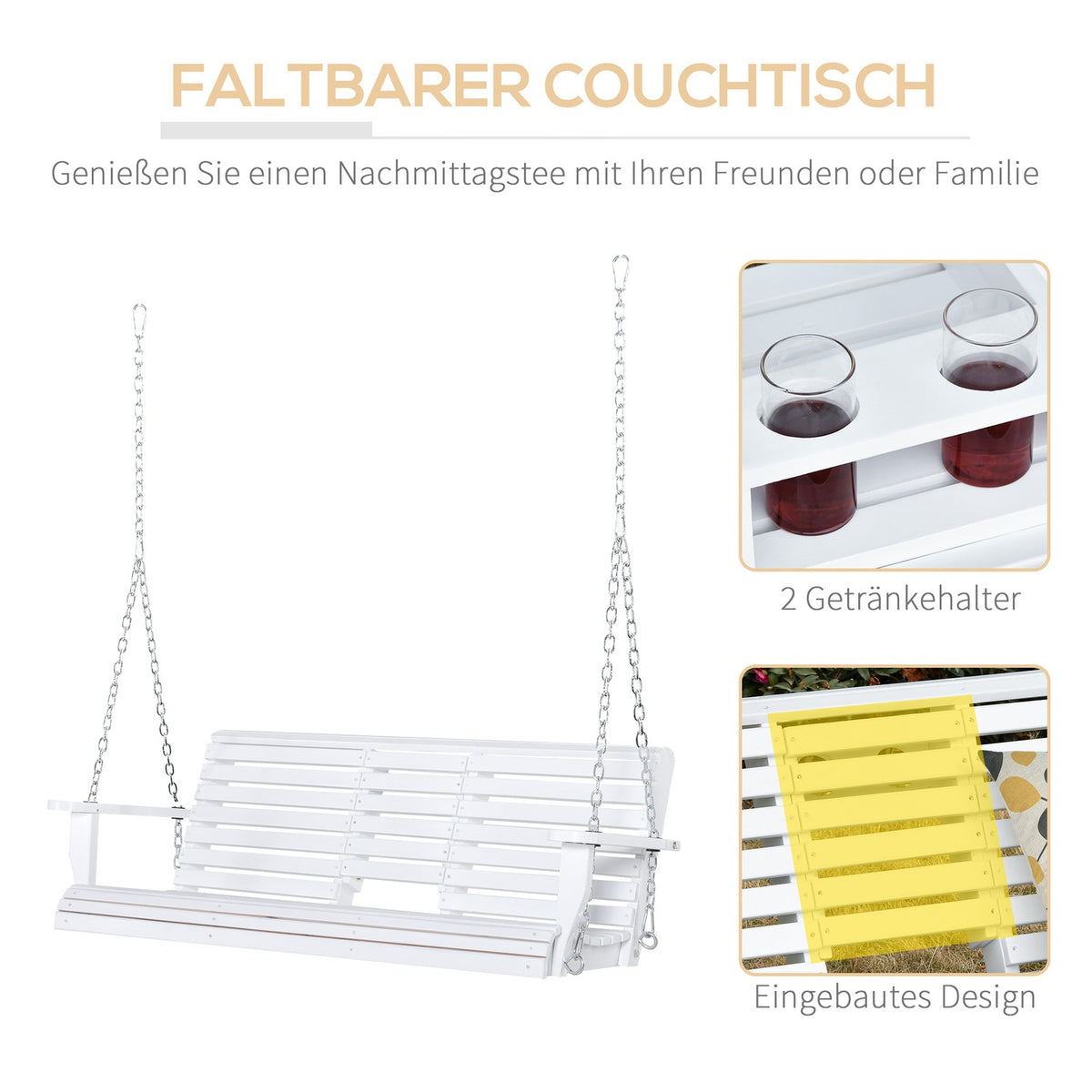 Hanging Bench Garden Swing Swing Bench With Foldable Coffee Table For 2-3 People Fir Wood Patio Comfortable 150 X 75 X 53 Cm White