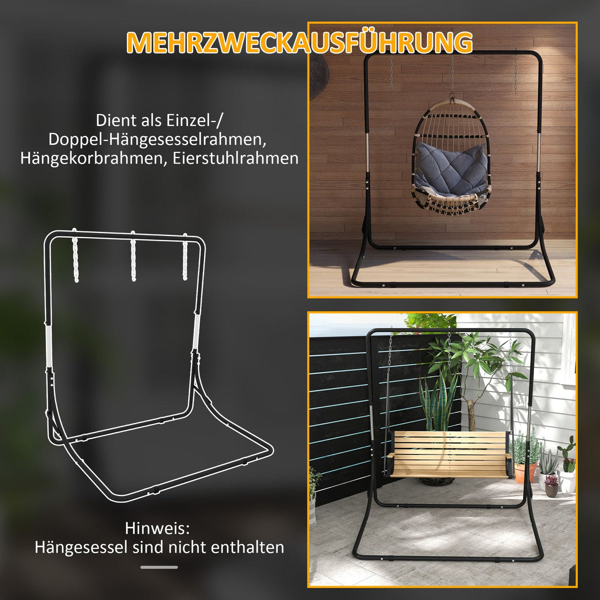 Hanging Chair Frame Hanging Chair Frame Height-Adjustable Stand For Hanging Chair With 3 Hooks Max. 250 Kg Load Capacity Metal Black