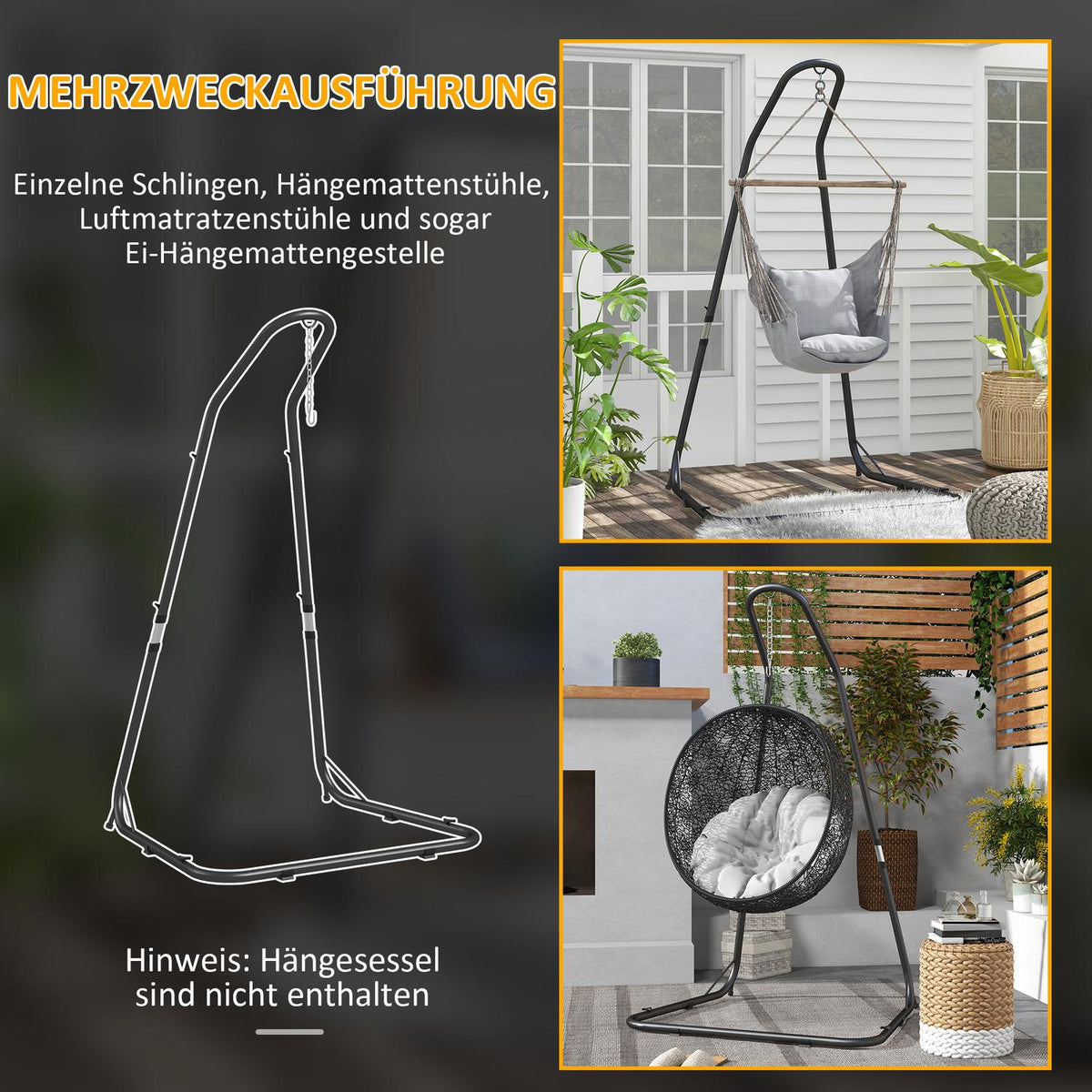 Hanging Chair Frame, Hanging Chair Frame, Height-Adjustable Stand For Hanging Chairs Up To 150 Kg, Load-Bearing For Garden, Balcony, Metal, Black