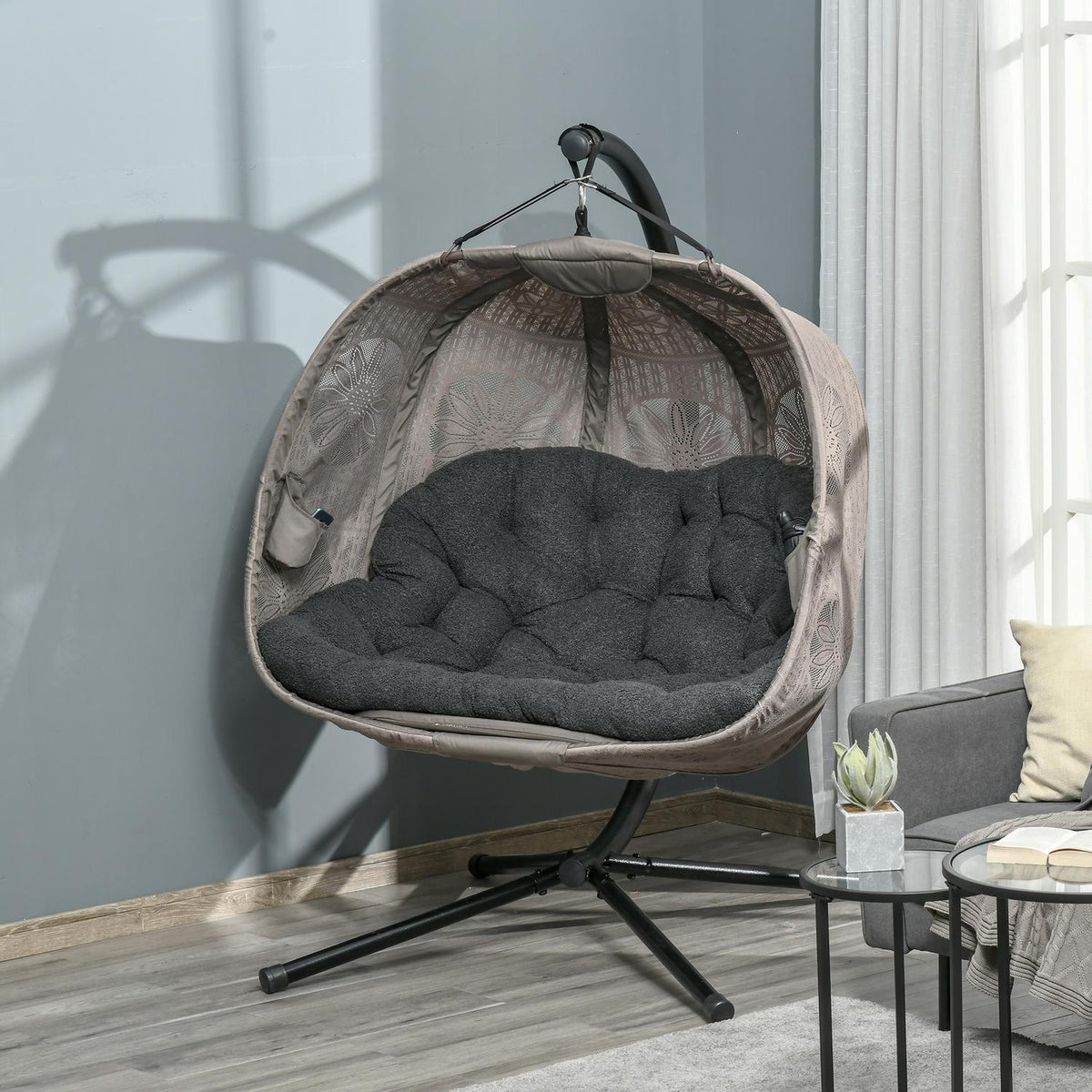 Hanging Chair Hanging Basket With Frame For 2 People Hanging Swing Hammock Chair With Cushion Basket Foldable Flower Knit Fabric Steel