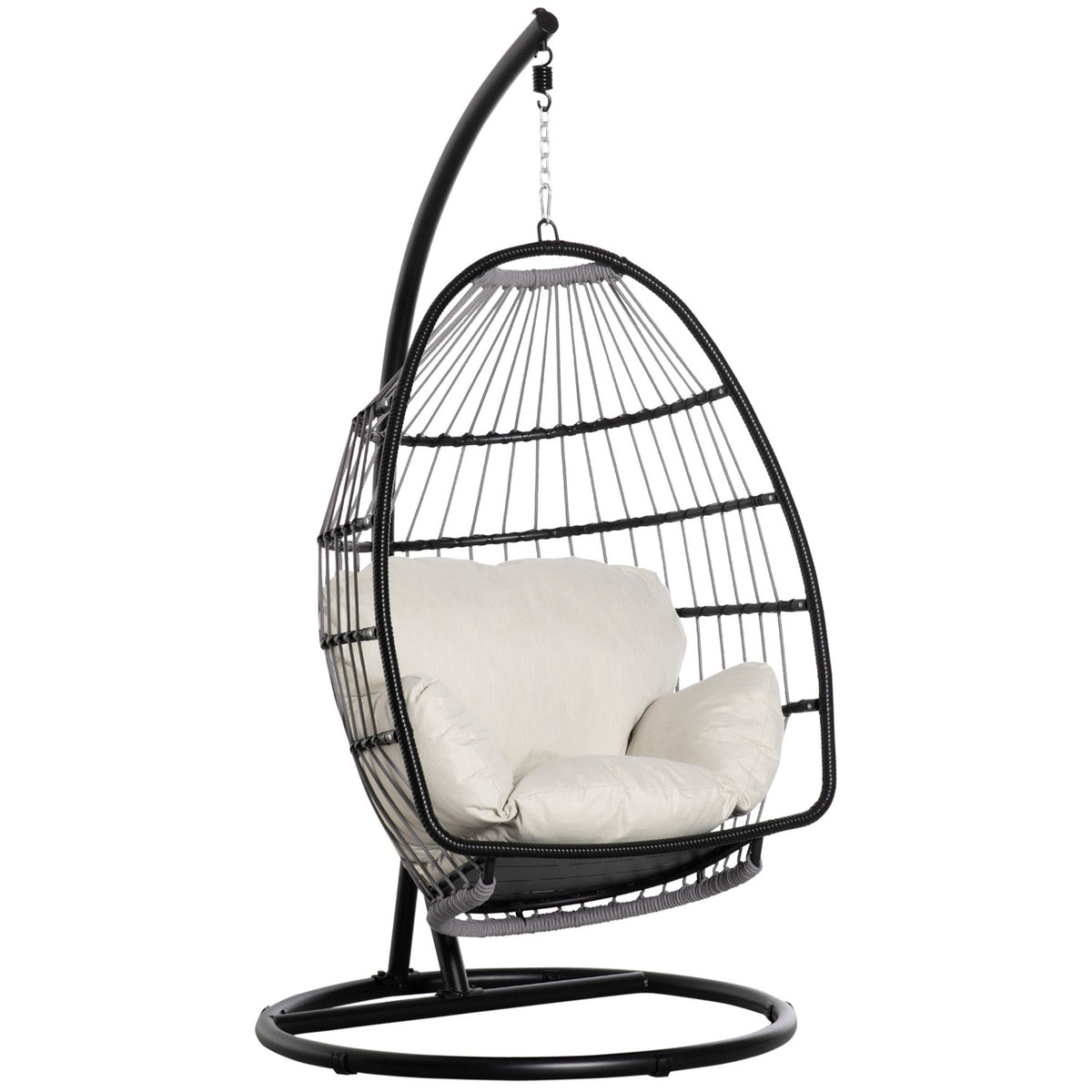 Hanging Chair Hanging Basket With Frame Hanging Swing Hanging Chair With Cushion Basket Foldable Metal Black + Cream White 101 X 101 X 188 Cm