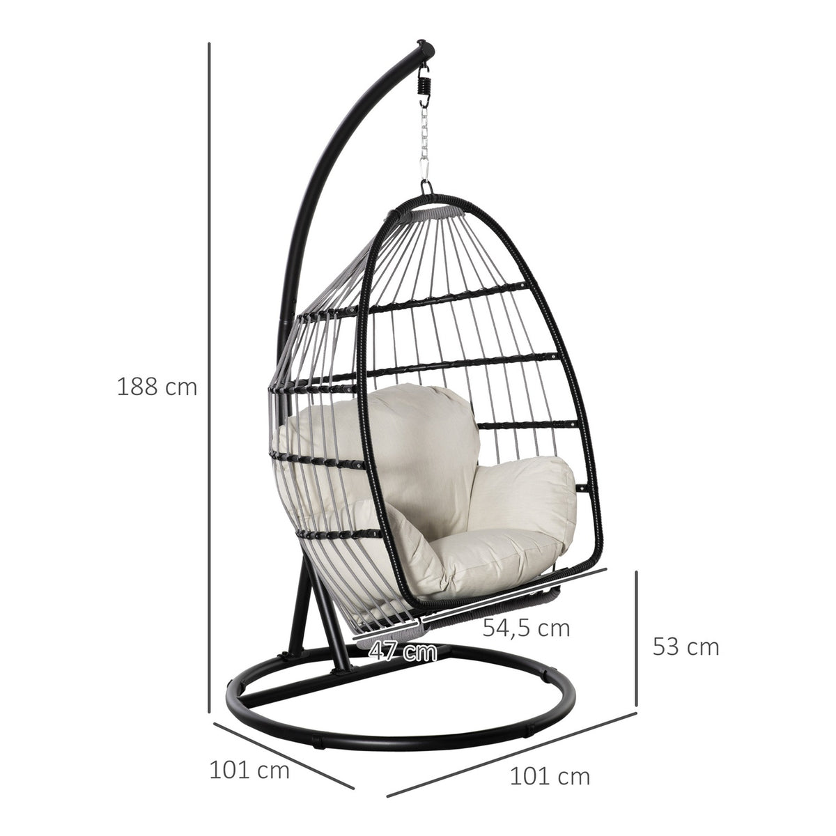Hanging Chair Hanging Basket With Frame Hanging Swing Hanging Chair With Cushion Basket Foldable Metal Black + Cream White 101 X 101 X 188 Cm