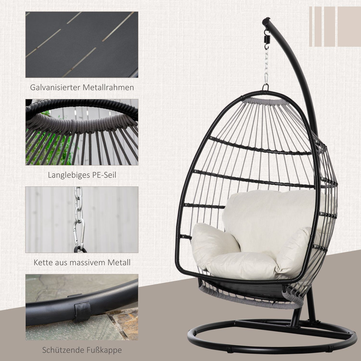 Hanging Chair Hanging Basket With Frame Hanging Swing Hanging Chair With Cushion Basket Foldable Metal Black + Cream White 101 X 101 X 188 Cm