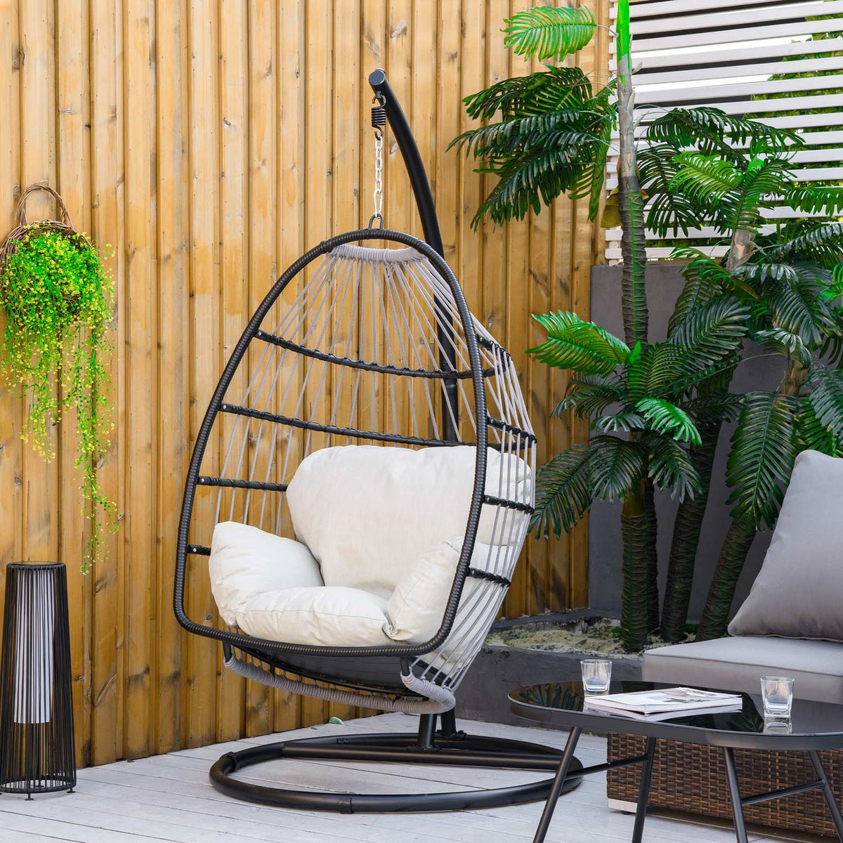 Hanging Chair Hanging Basket With Frame Hanging Swing Hanging Chair With Cushion Basket Foldable Metal Black + Cream White 101 X 101 X 188 Cm