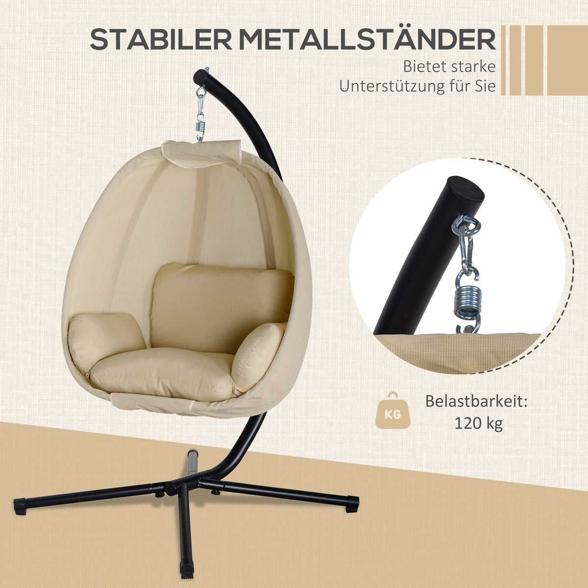 Hanging Egg Chair with Cushion, Indoor/Outdoor, Khaki