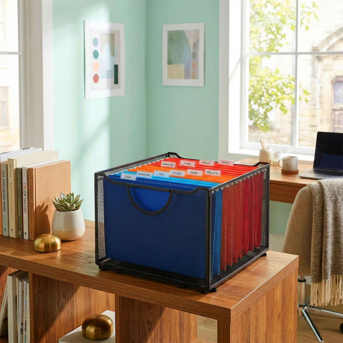 Hanging File Box, Steel Mesh, Stackable With Handles