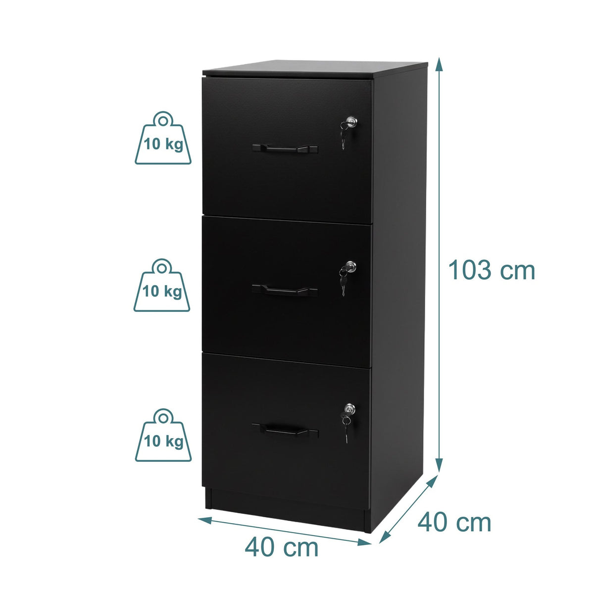 Hanging File Cabinet, 3 Drawers, Lockable, Compact