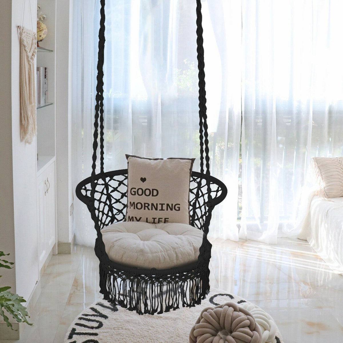 Hanging Hammock Chair, Cotton Macrame Backrest, Black