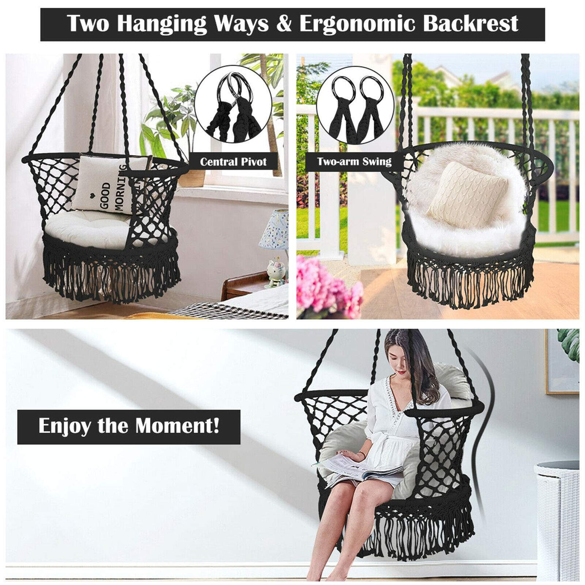 Hanging Hammock Chair, Cotton Macrame Backrest, Black