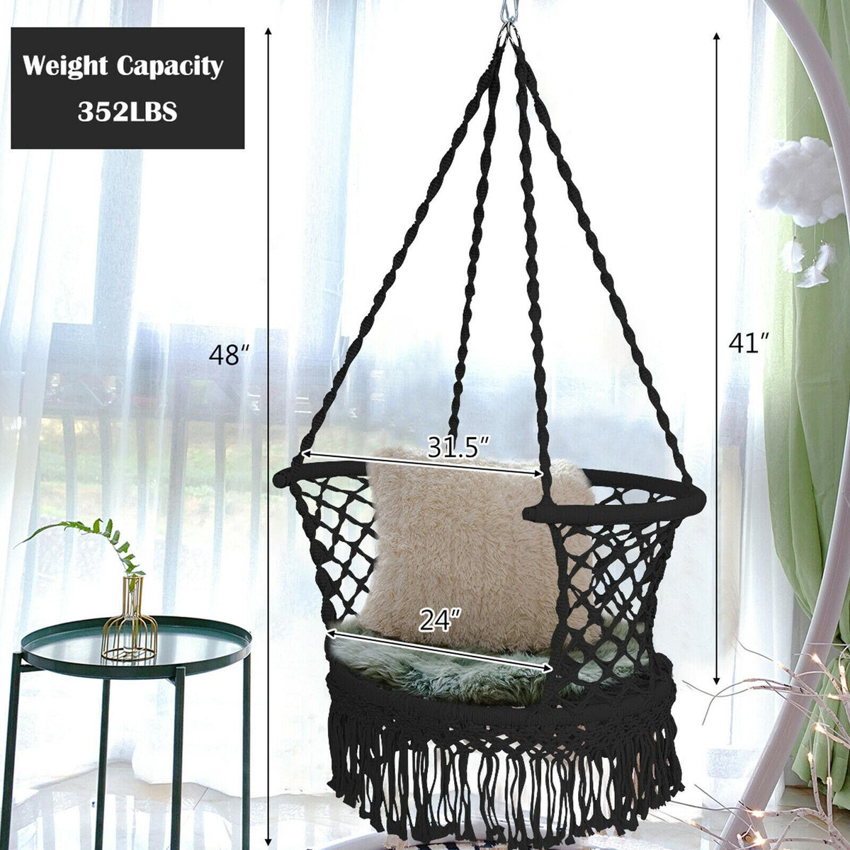 Hanging Hammock Chair, Cotton Macrame Backrest, Black