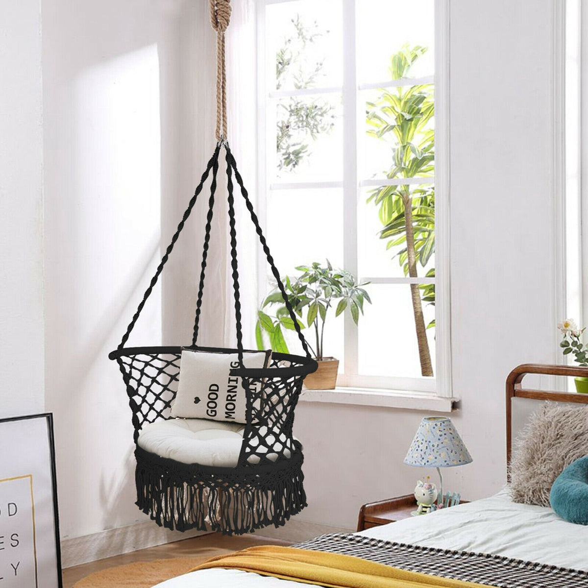 Hanging Hammock Chair, Cotton Macrame Backrest, Black