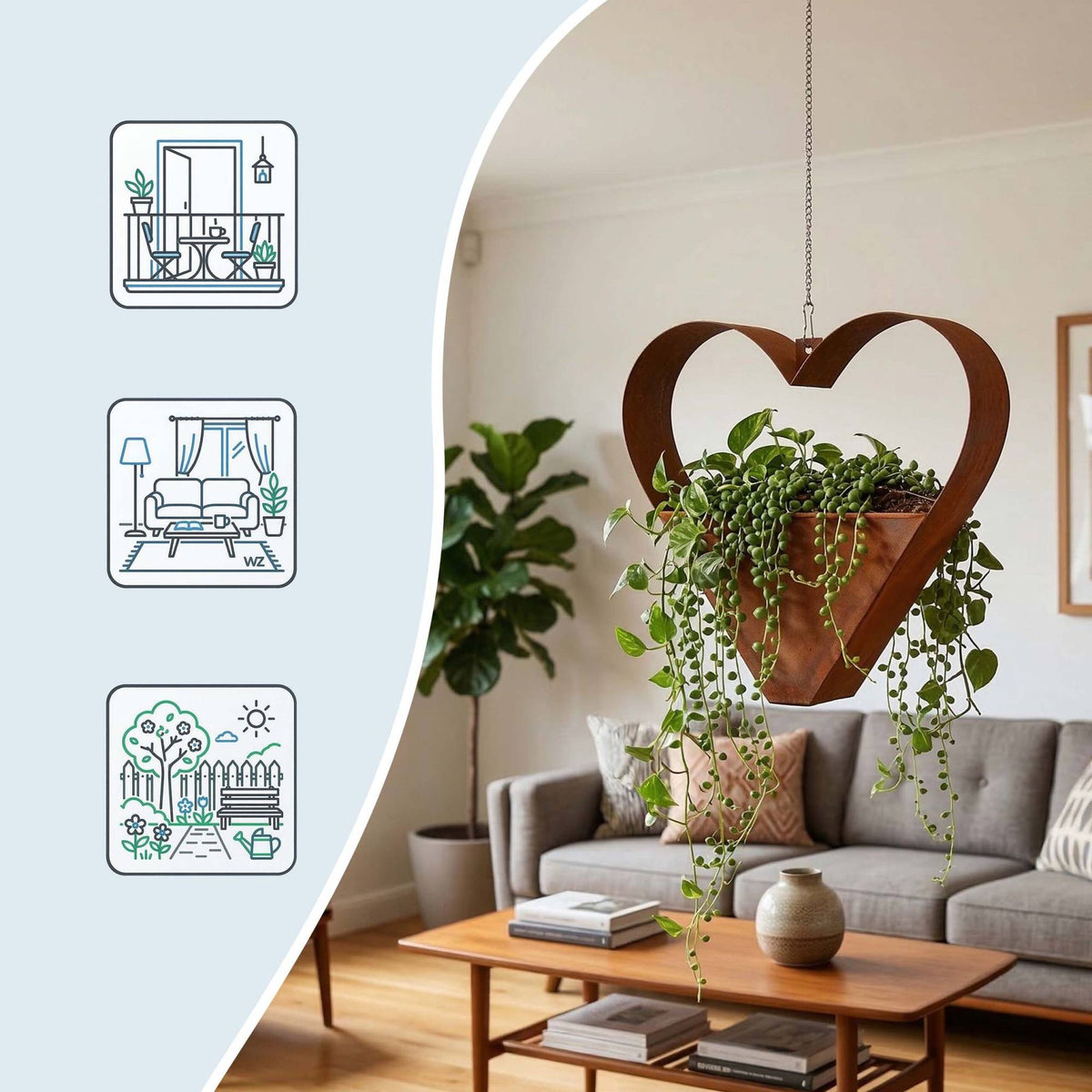 Hanging Heart-Shaped Rust Planter with Chain