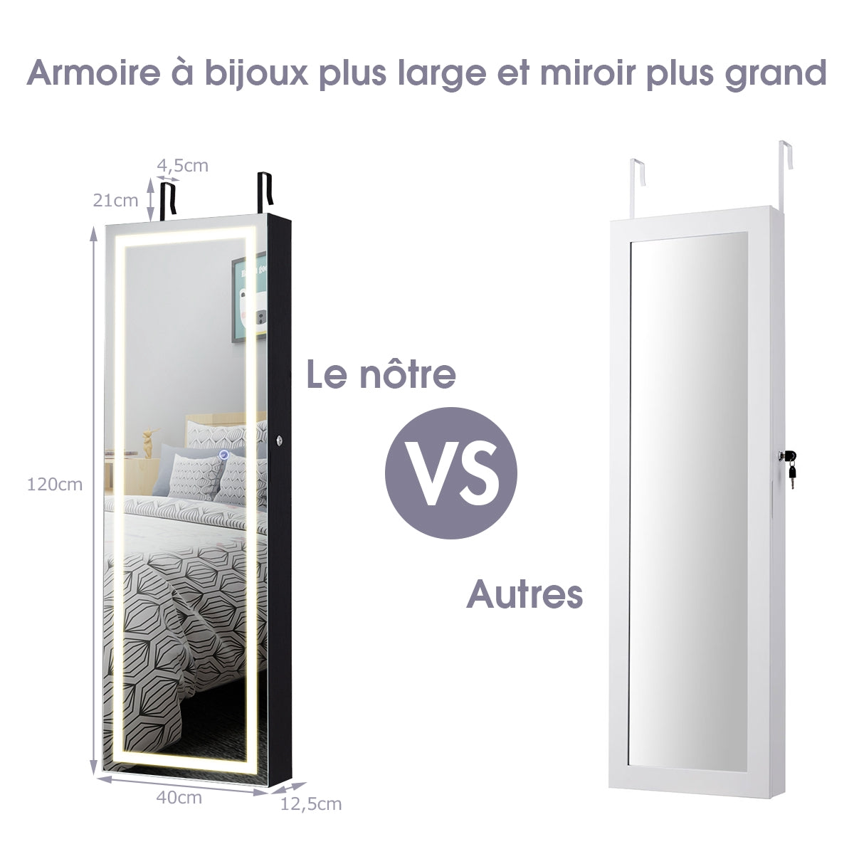Hanging Jewelry Cabinet With LED Mirror, Black 120x40cm