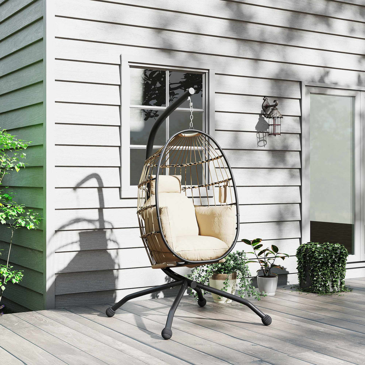 Hanging Outdoor Swing Chair with Foldable Basket, Cushions