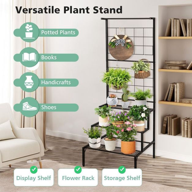 Hanging Plant Stand, 3-Tier Metal Shelves With Trellis