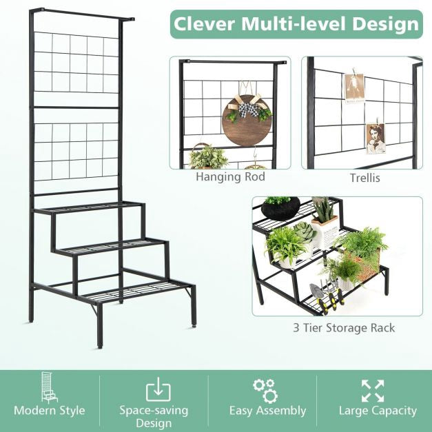 Hanging Plant Stand, 3-Tier Metal Shelves With Trellis