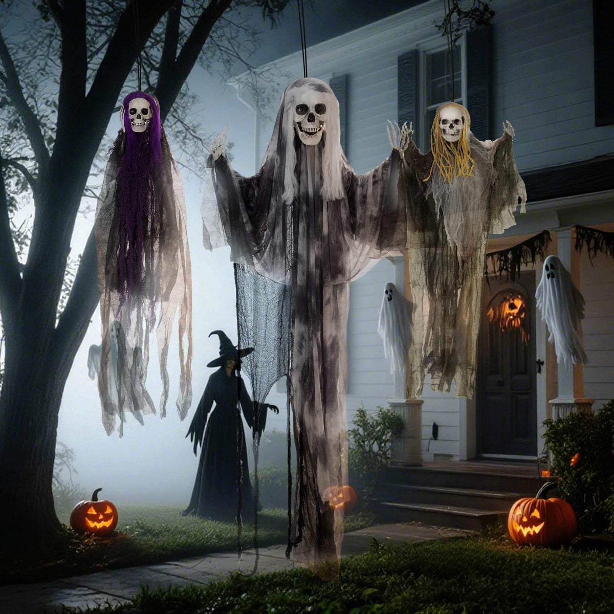 Hanging Skeleton Ghosts Set of 3, Adjustable Arms, 90/110/200cm