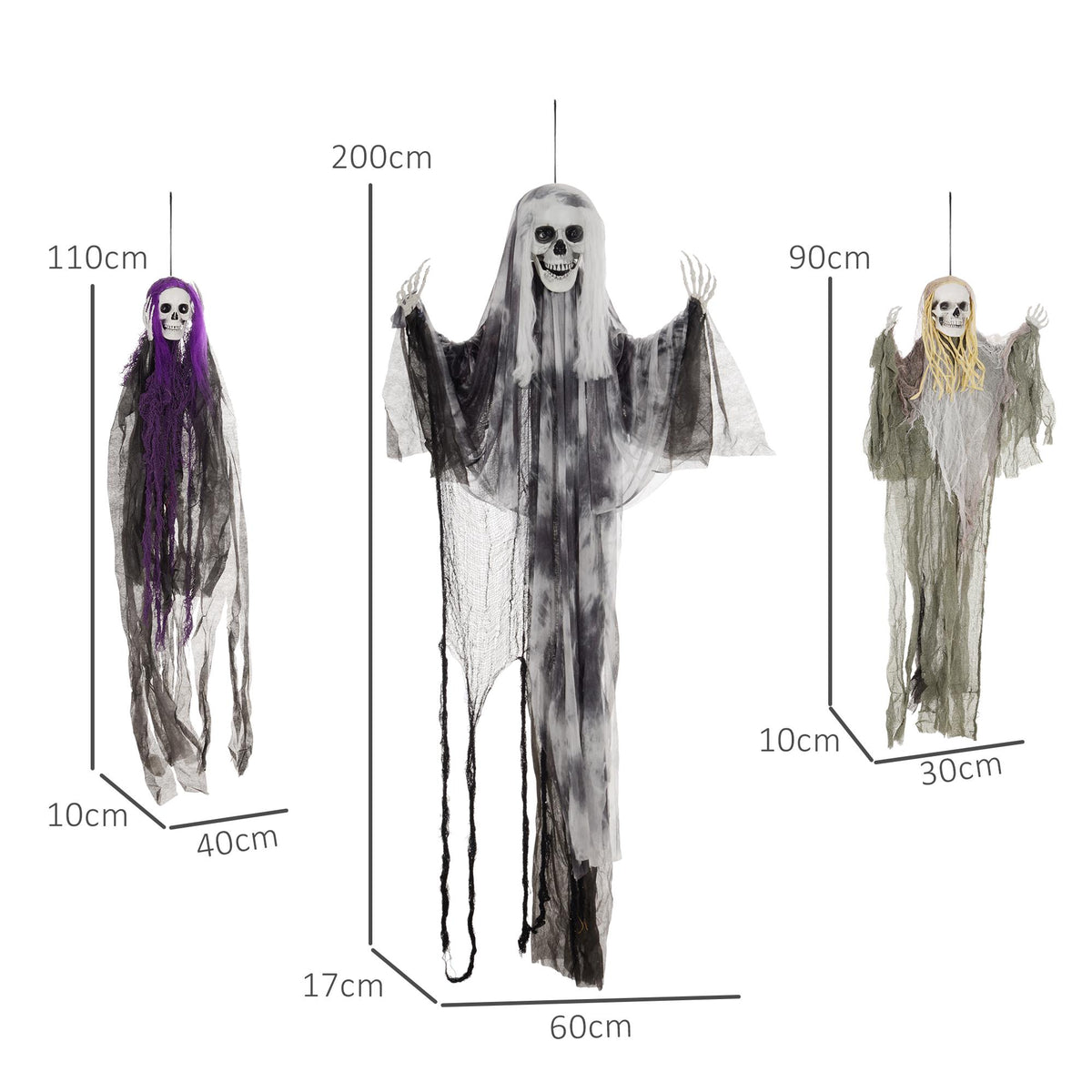 Hanging Skeleton Ghosts Set of 3, Adjustable Arms, 90/110/200cm