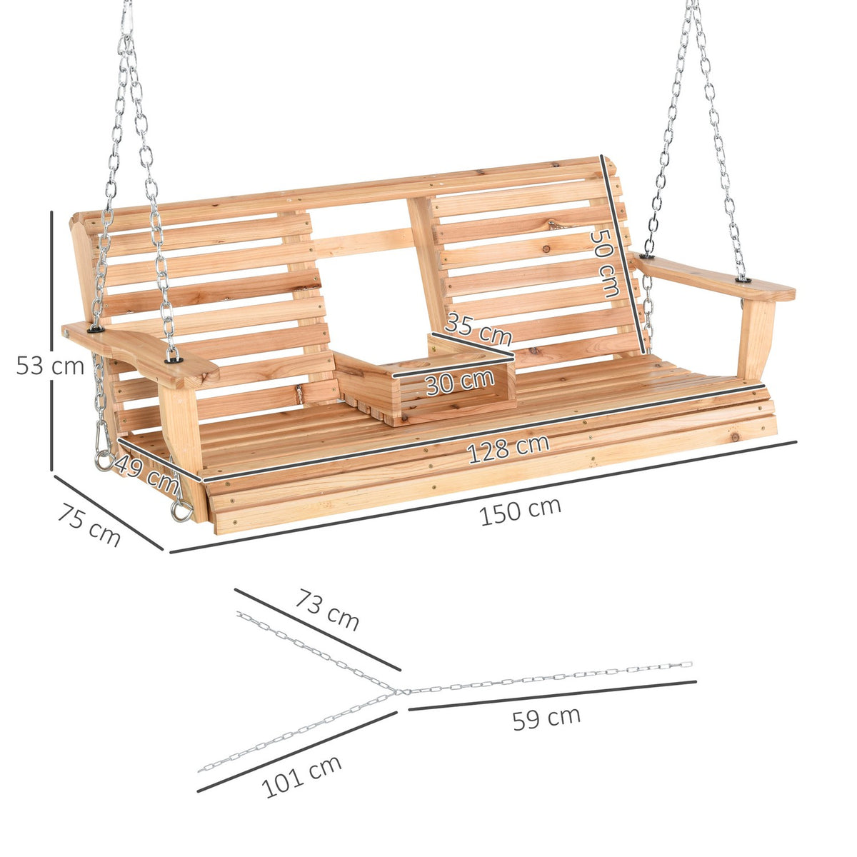 Hanging bench garden swing swing bench with foldable coffee table & cup holder, fir wood, for 2-3 people, 150x75x53cm, natural
