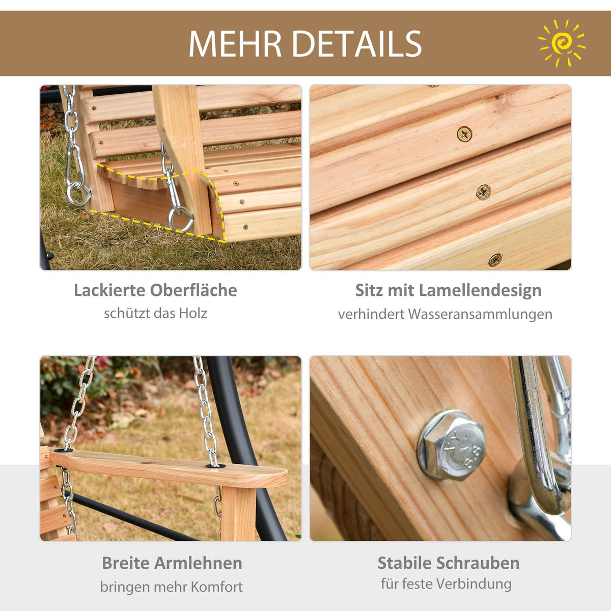 Hanging bench garden swing swing bench with foldable coffee table & cup holder, fir wood, for 2-3 people, 150x75x53cm, natural