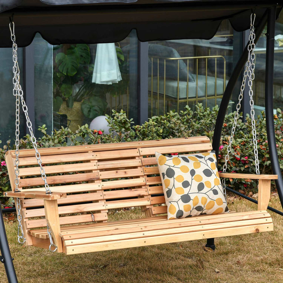 Hanging bench garden swing swing bench with foldable coffee table & cup holder, fir wood, for 2-3 people, 150x75x53cm, natural