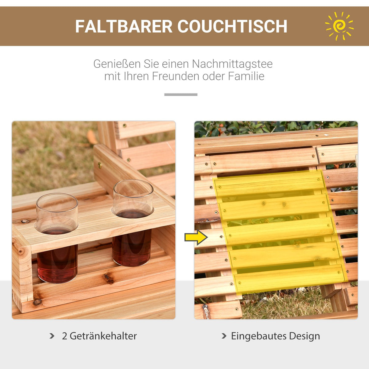 Hanging bench garden swing swing bench with foldable coffee table & cup holder, fir wood, for 2-3 people, 150x75x53cm, natural