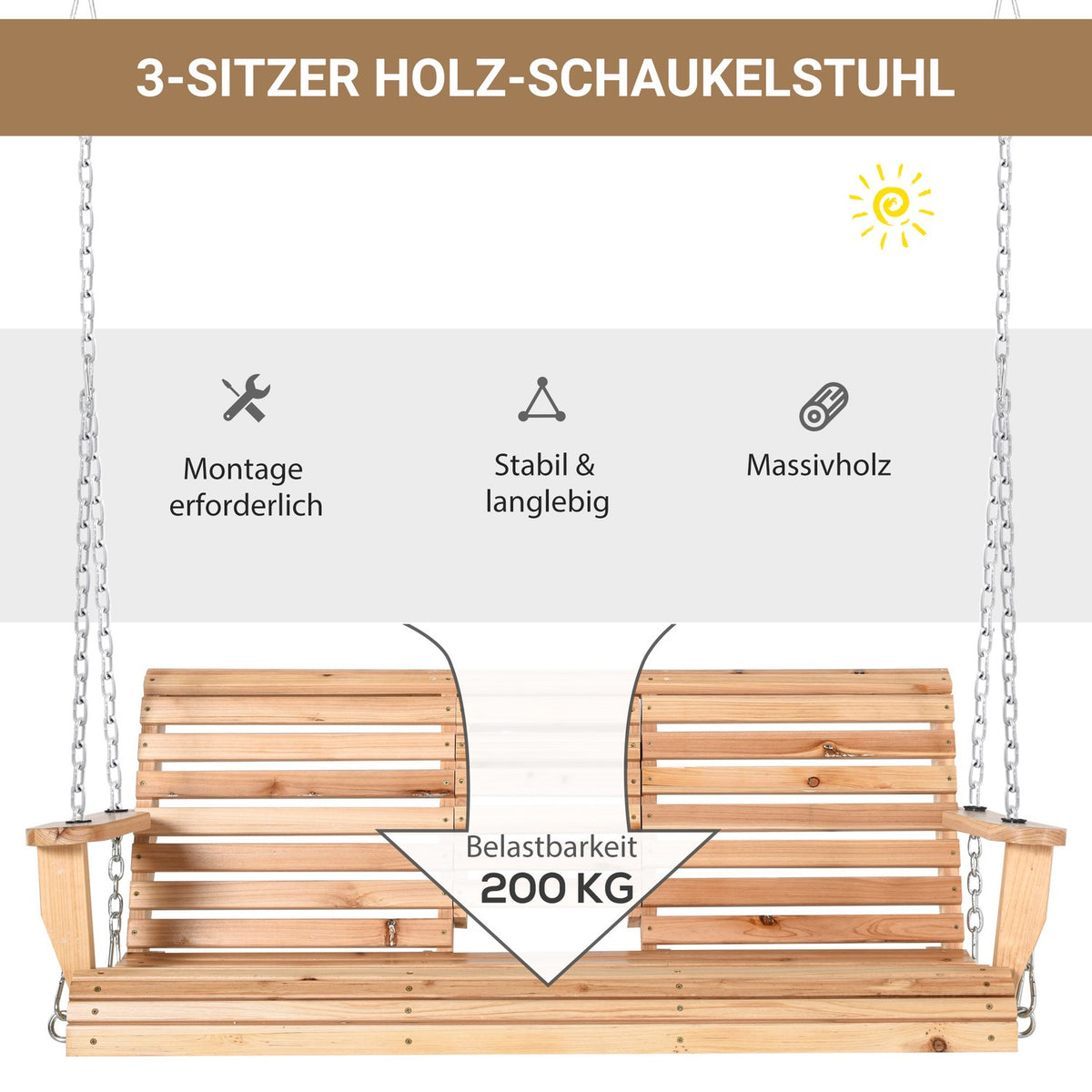 Hanging bench garden swing swing bench with foldable coffee table & cup holder, fir wood, for 2-3 people, 150x75x53cm, natural