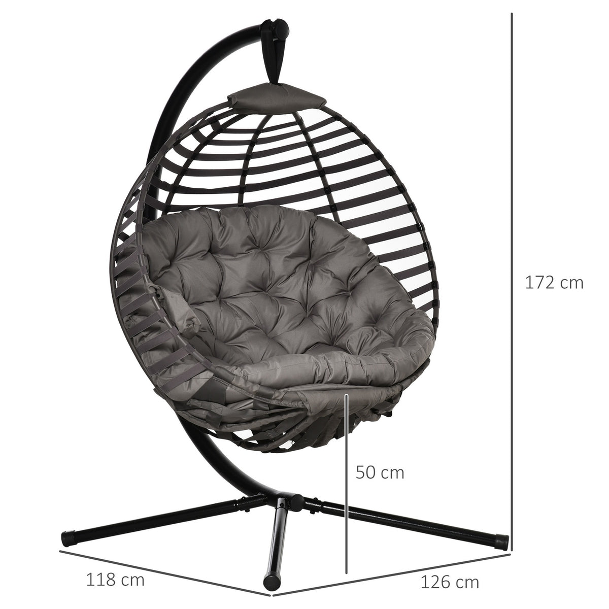 Hanging chair hanging basket with frame for 1 person, foldable hanging swing with cushion, steel, 126x118x172cm for garden & balcony