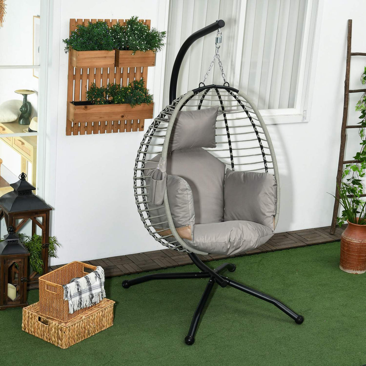 Hanging chair hanging swing with cup bag folding seat basket hanging chair with cushion rattan look load capacity up to 120 kg steel gray for garden & balcony