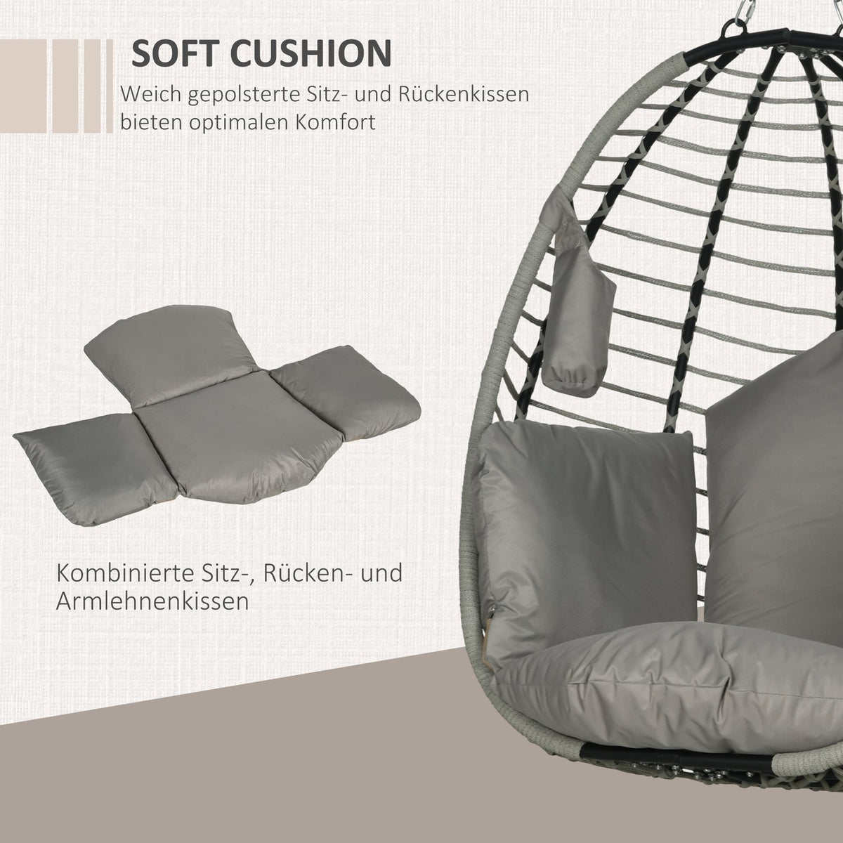 Hanging chair hanging swing with cup bag folding seat basket hanging chair with cushion rattan look load capacity up to 120 kg steel gray for garden & balcony