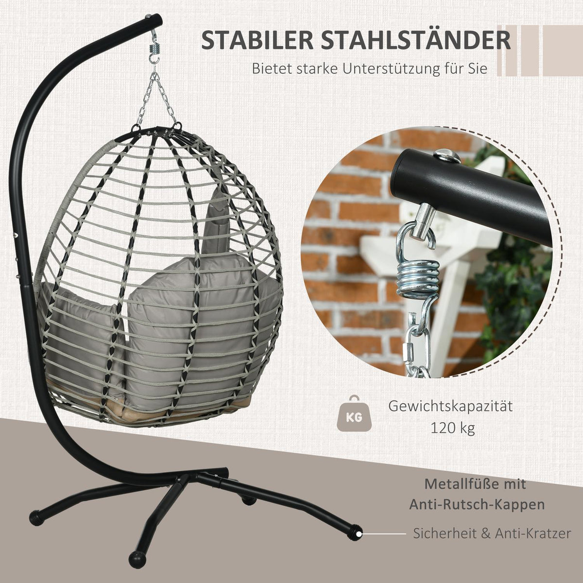 Hanging chair hanging swing with cup bag folding seat basket hanging chair with cushion rattan look load capacity up to 120 kg steel gray for garden & balcony