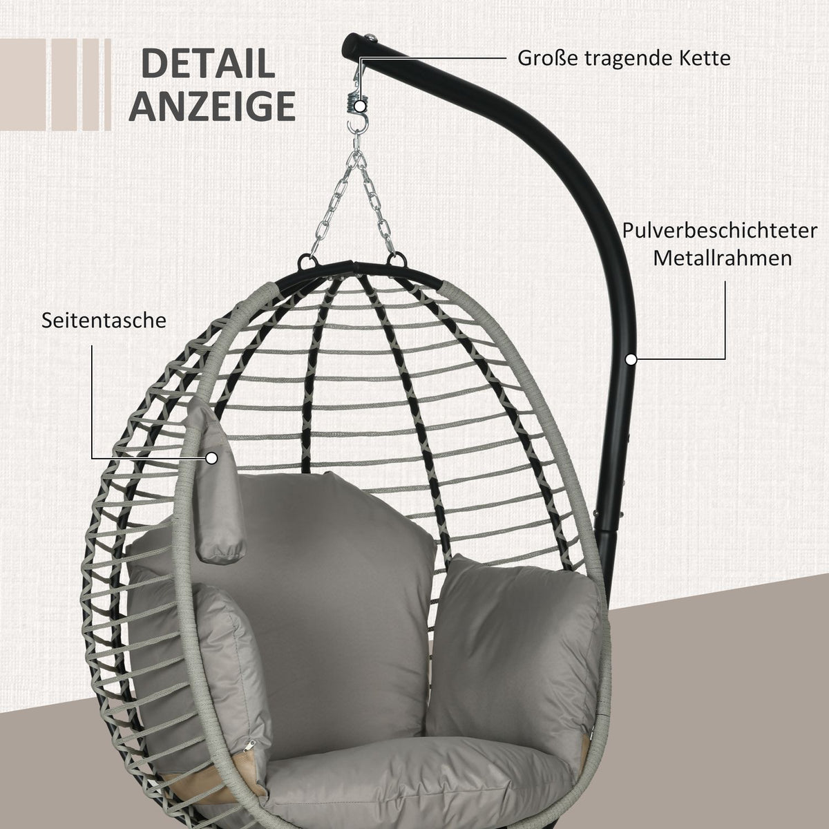 Hanging chair hanging swing with cup bag folding seat basket hanging chair with cushion rattan look load capacity up to 120 kg steel gray for garden & balcony