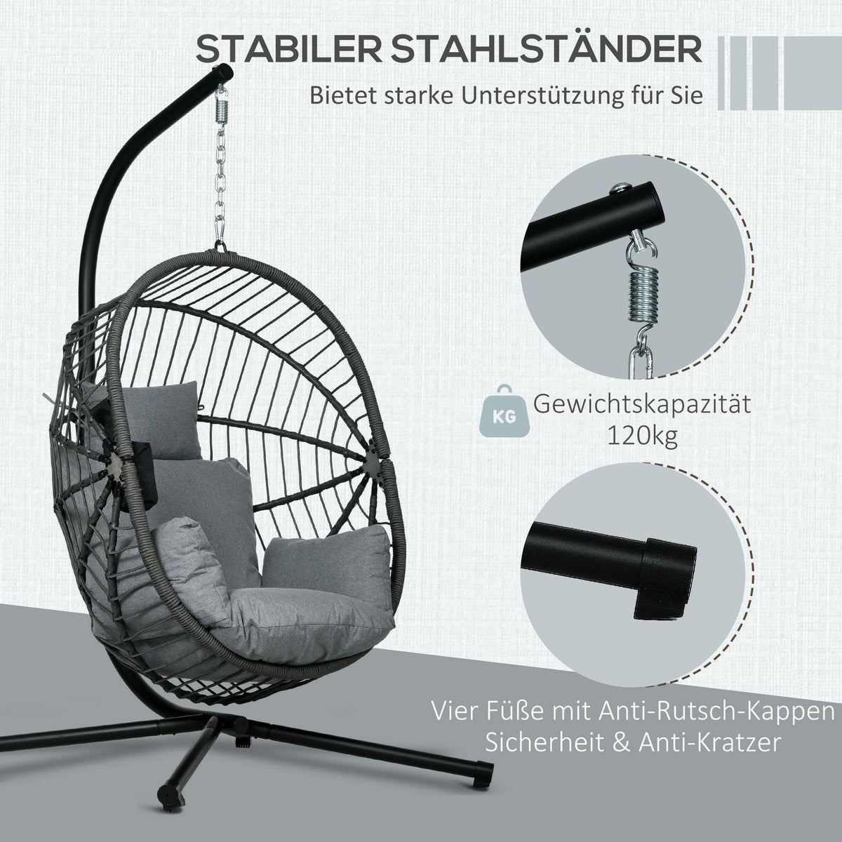 Hanging chair hanging swing with cushion and cup holder, folding seat basket in rattan look, load capacity up to 120 kg, made of gray steel