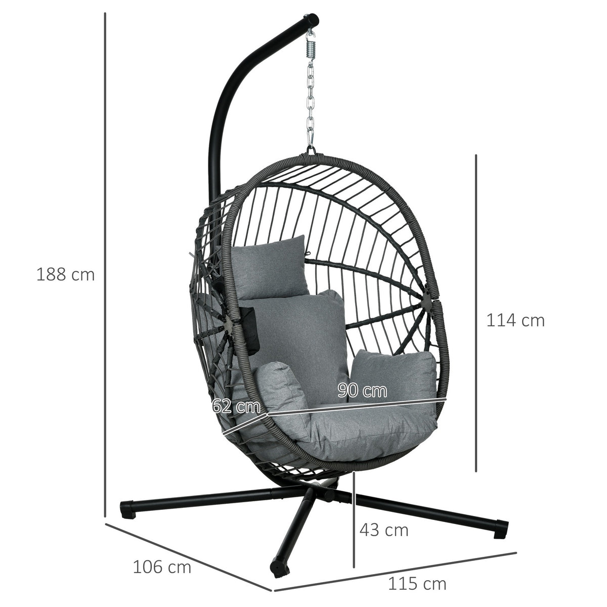 Hanging chair hanging swing with cushion and cup holder, folding seat basket in rattan look, load capacity up to 120 kg, made of gray steel