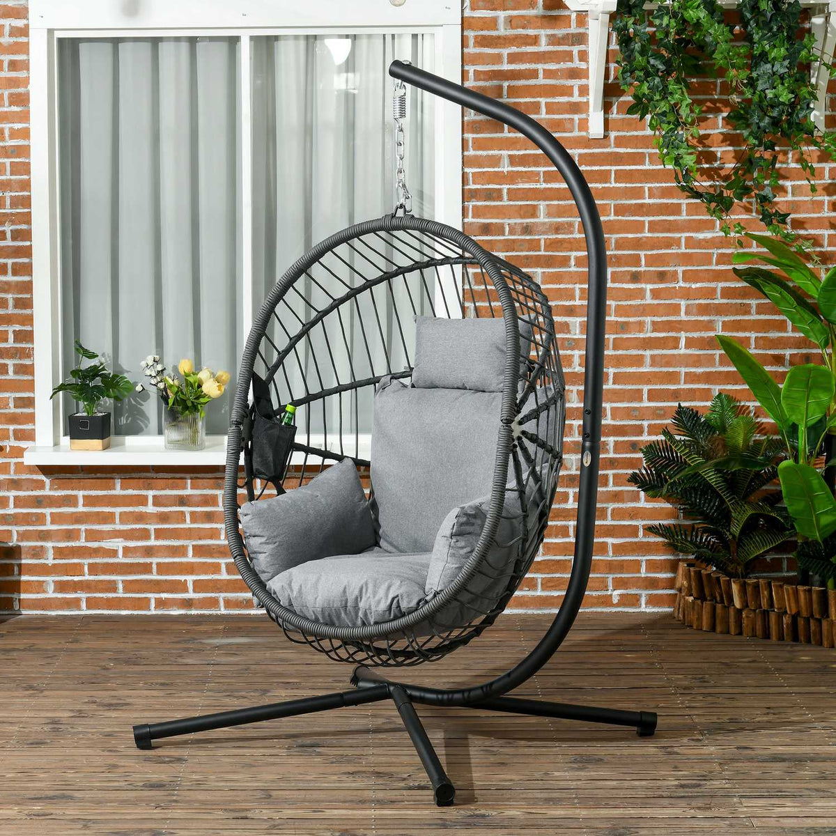 Hanging chair hanging swing with cushion and cup holder, folding seat basket in rattan look, load capacity up to 120 kg, made of gray steel