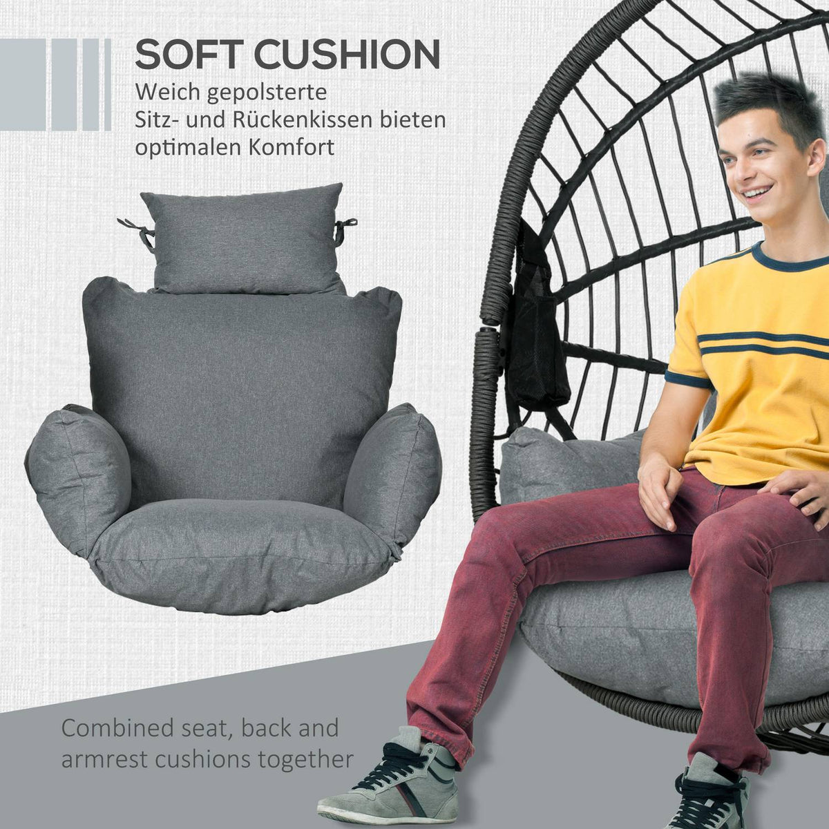 Hanging chair hanging swing with cushion and cup holder, folding seat basket in rattan look, load capacity up to 120 kg, made of gray steel