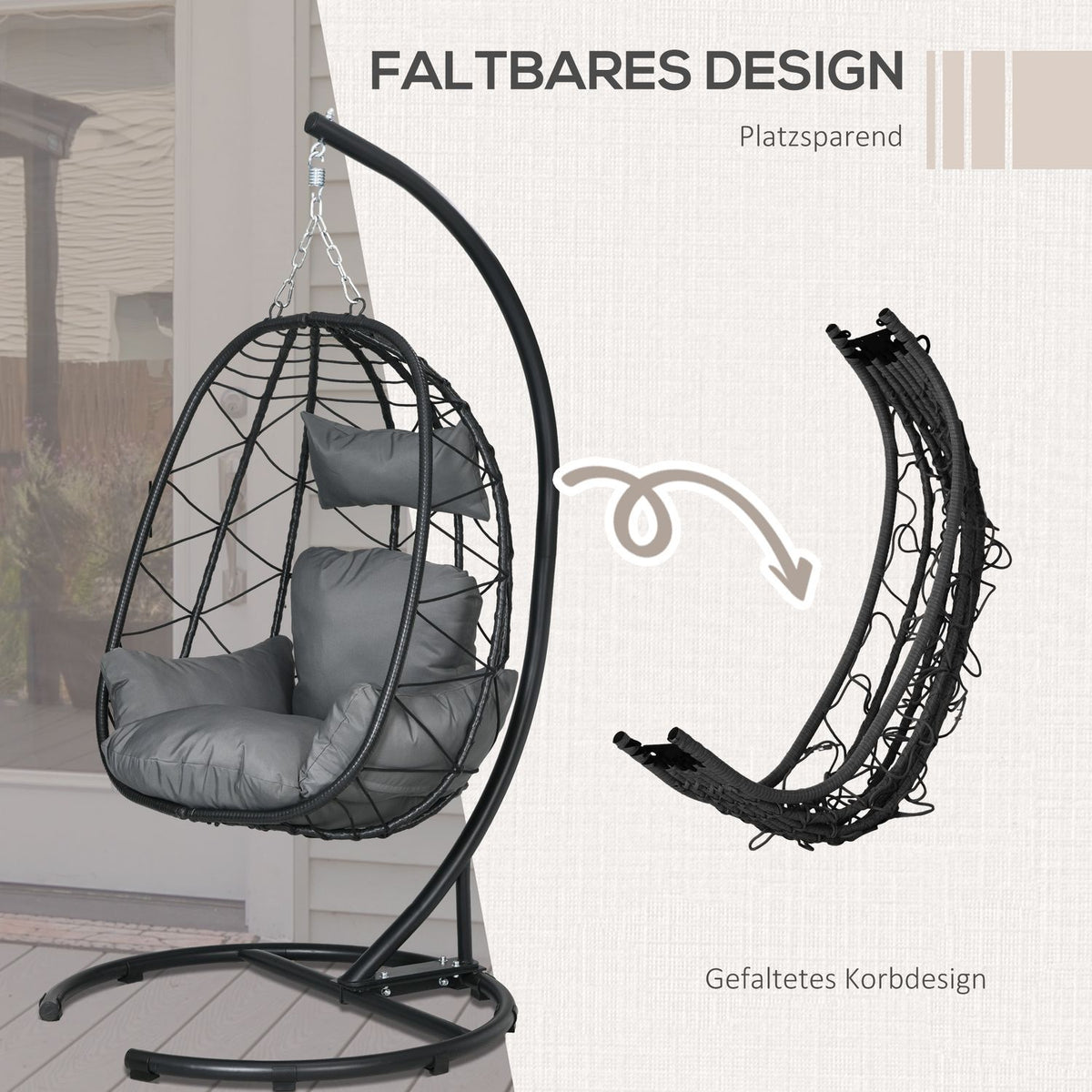 Hanging chair rattan hanging chair 195 cm high with frame cushions and waterproof cover for garden and indoor up to 150 kg