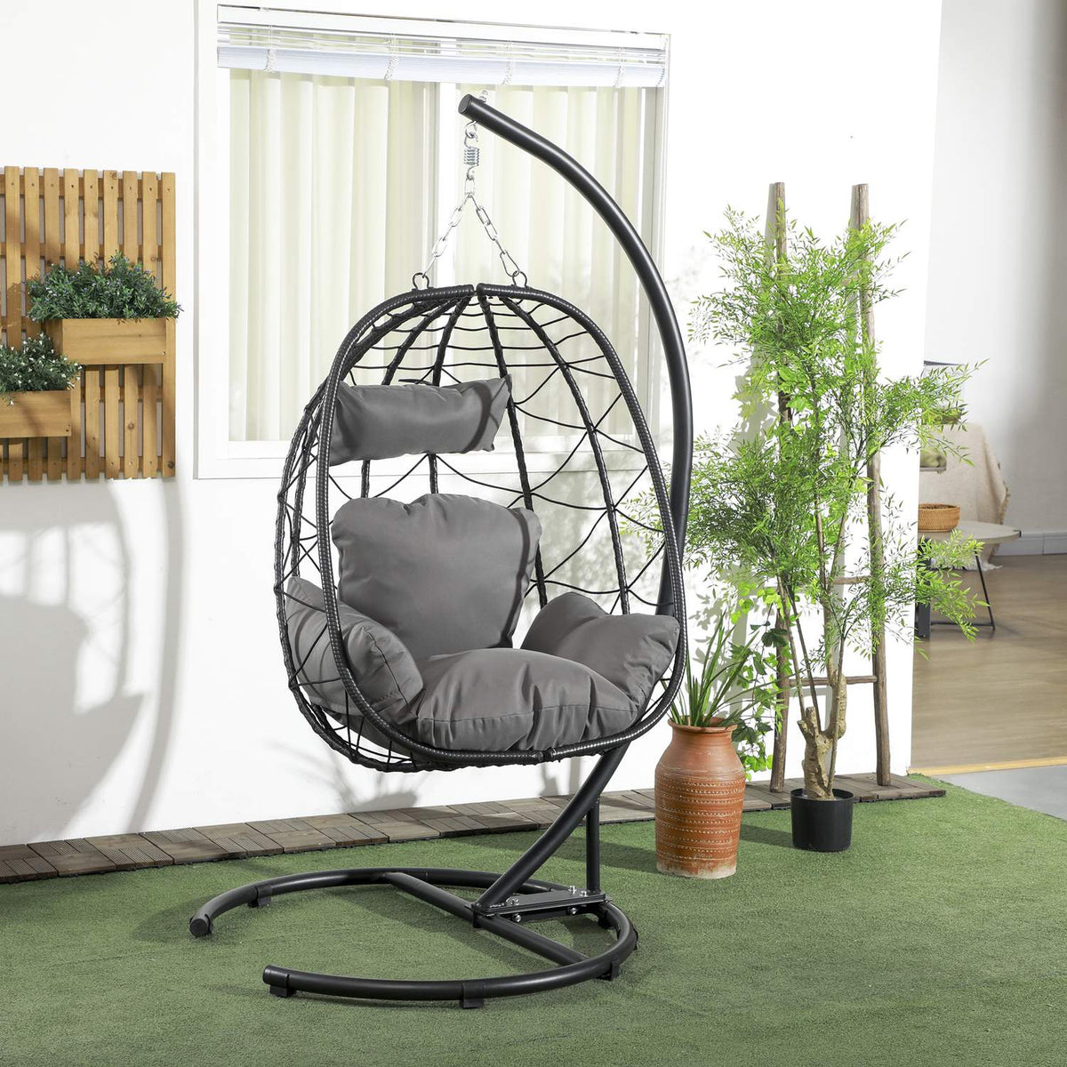 Hanging chair rattan hanging chair 195 cm high with frame cushions and waterproof cover for garden and indoor up to 150 kg