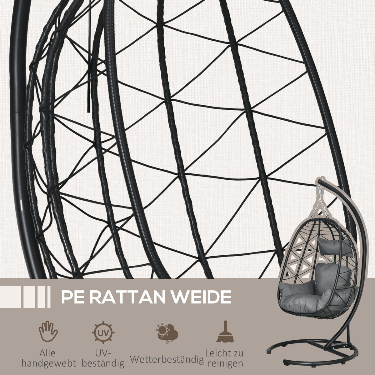 Hanging chair rattan hanging chair 195 cm high with frame cushions and waterproof cover for garden and indoor up to 150 kg